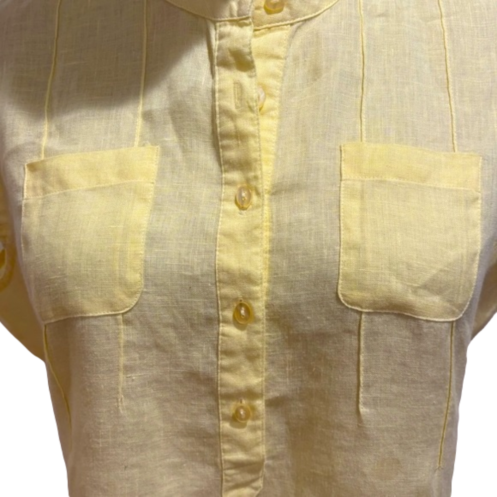 90s ALEXANDRA BARTLETT LINEN PASTEL YELLOW BOHO PUFFED SHORT SLEEVED BLOUSE SZ M - Picture 7 of 9